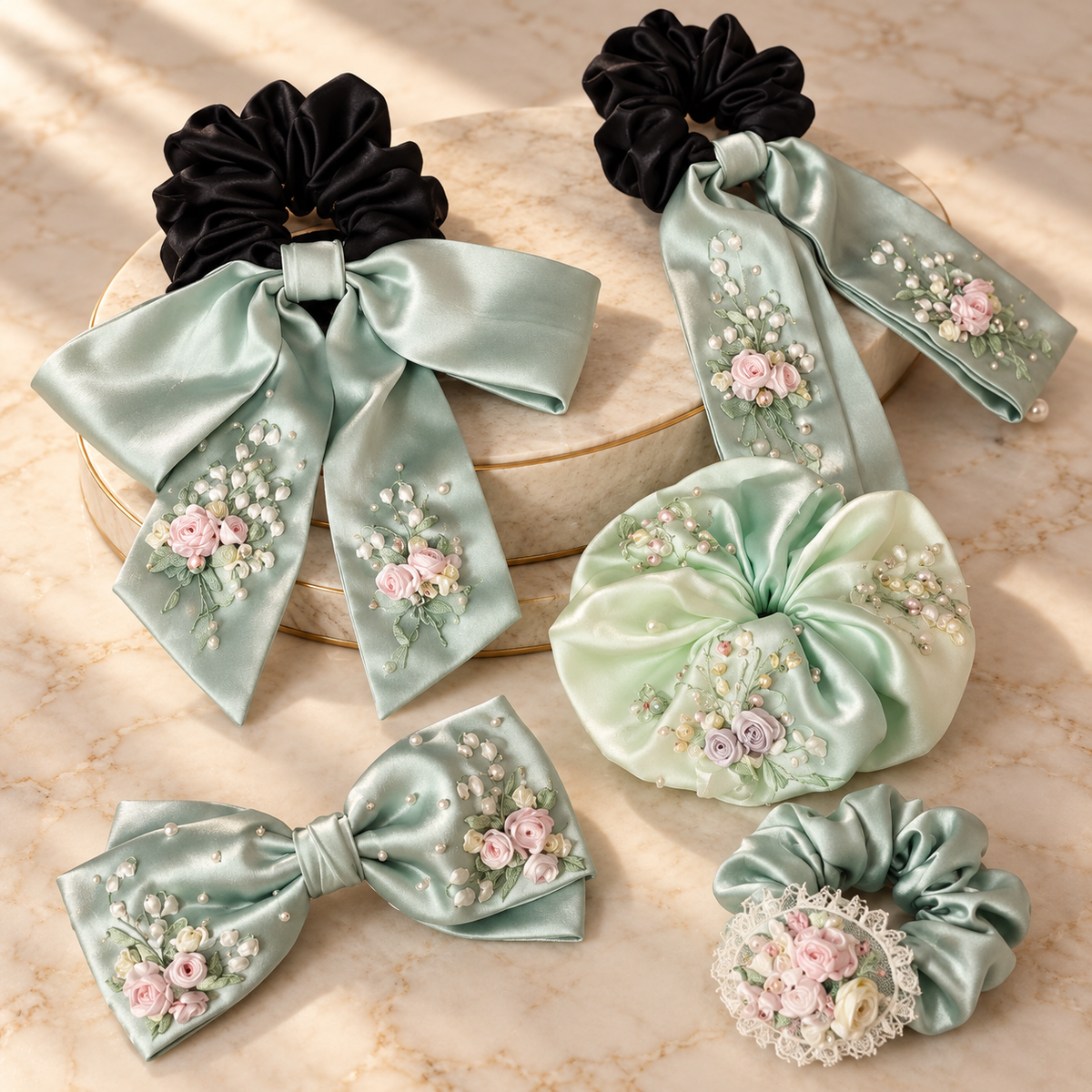 Mint Green Satin Floral Hair Accessories Set, Bow Scrunchies and Hair Clips for Women