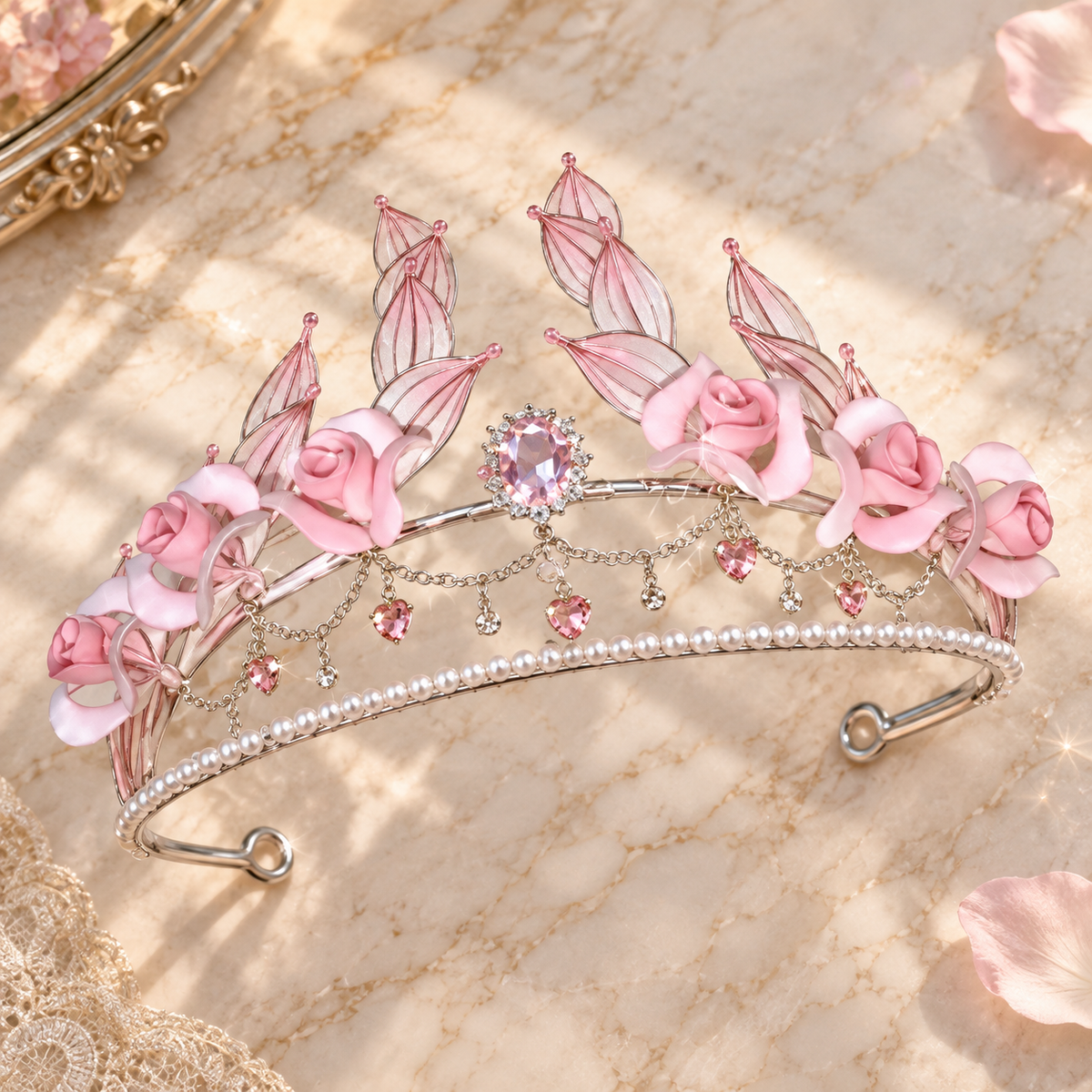 Pink Floral Princess Tiara, Pearl Crystal Crown Headband for Girls Women