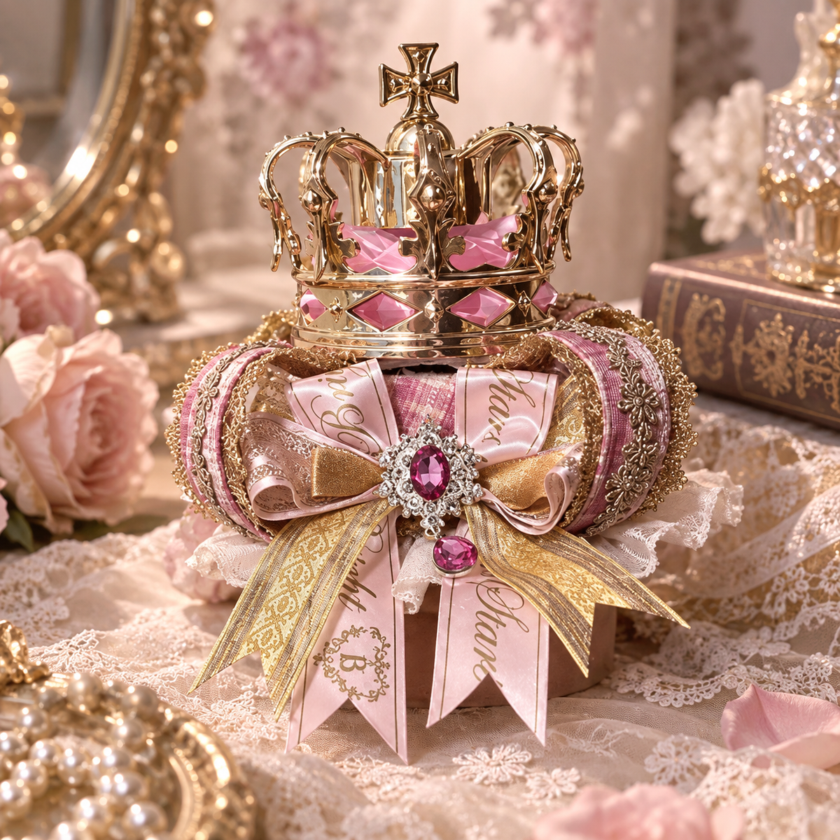 Royal Crown Mini Top Hat Hair Clip, Pink Gold Lolita Princess Hair Accessory