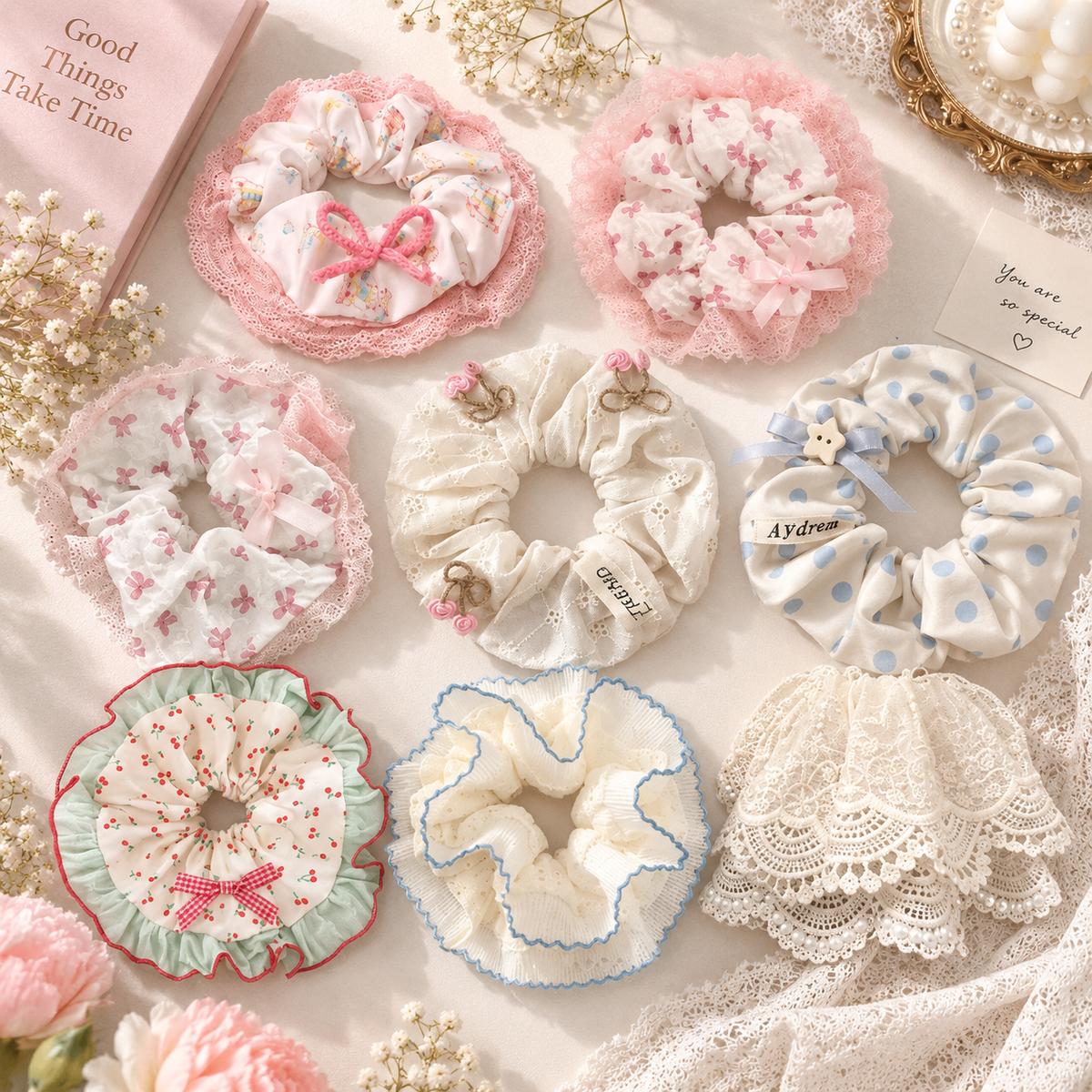 8 Pack Cute Lace Scrunchies, Floral Bow Hair Ties for Women & Girls