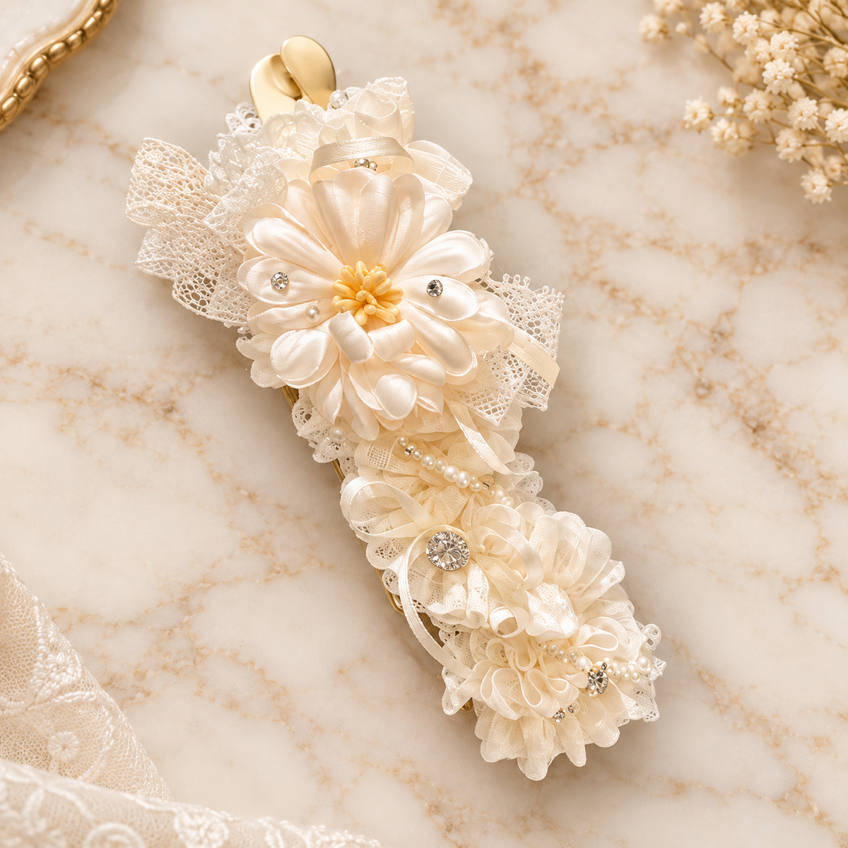 vory Lace Floral Hair Clip, Pearl Rhinestone Bridal Hair Barrette