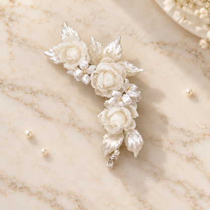 Ivory Floral Bridal Hair Clip, Pearl Flower Wedding Hair Accessory