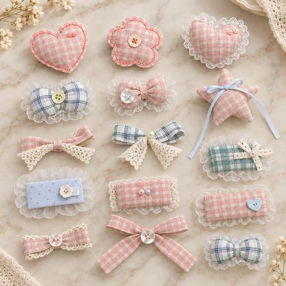 Plaid Lace Hair Clips Set, Cute Bow Barrettes for Girls Women