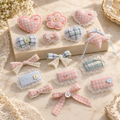 Plaid Lace Hair Clips Set, Cute Bow Barrettes for Girls Women