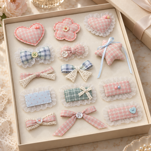 Plaid Lace Hair Clips Set, Cute Bow Barrettes for Girls Women