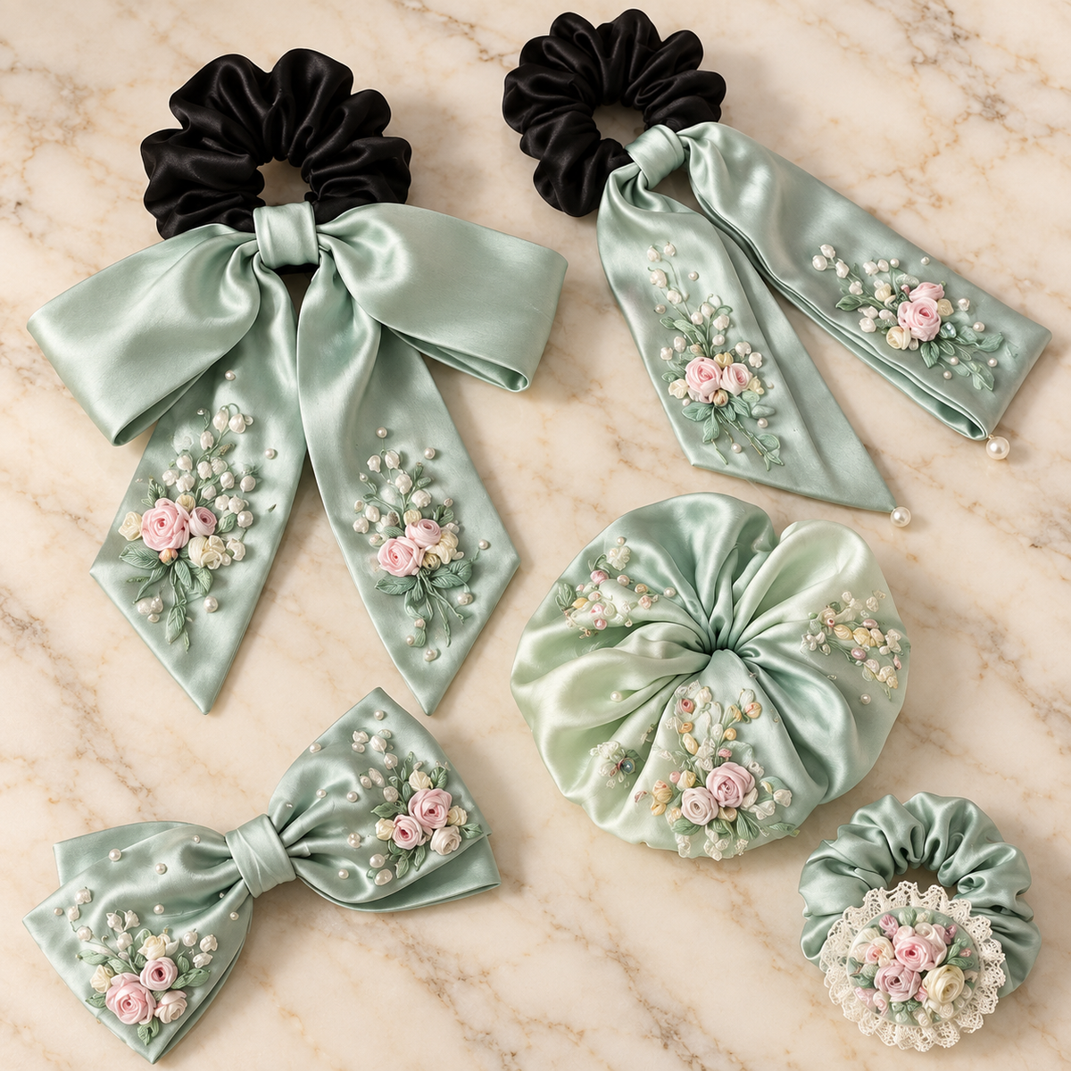 Mint Green Satin Floral Hair Accessories Set, Bow Scrunchies and Hair Clips for Women