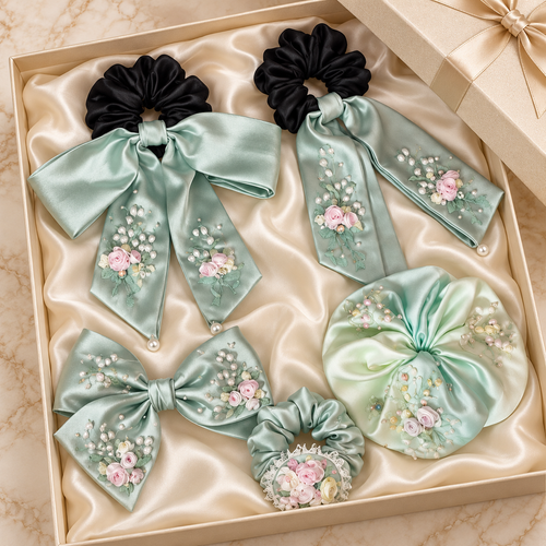 Mint Green Satin Floral Hair Accessories Set, Bow Scrunchies and Hair Clips for Women