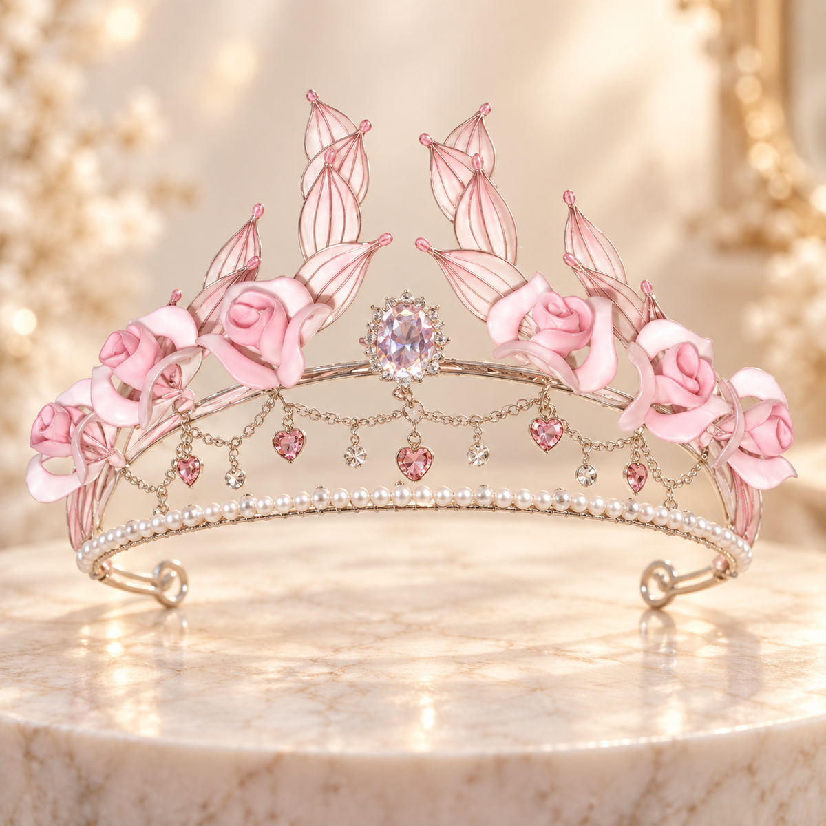Pink Floral Princess Tiara, Pearl Crystal Crown Headband for Girls Women