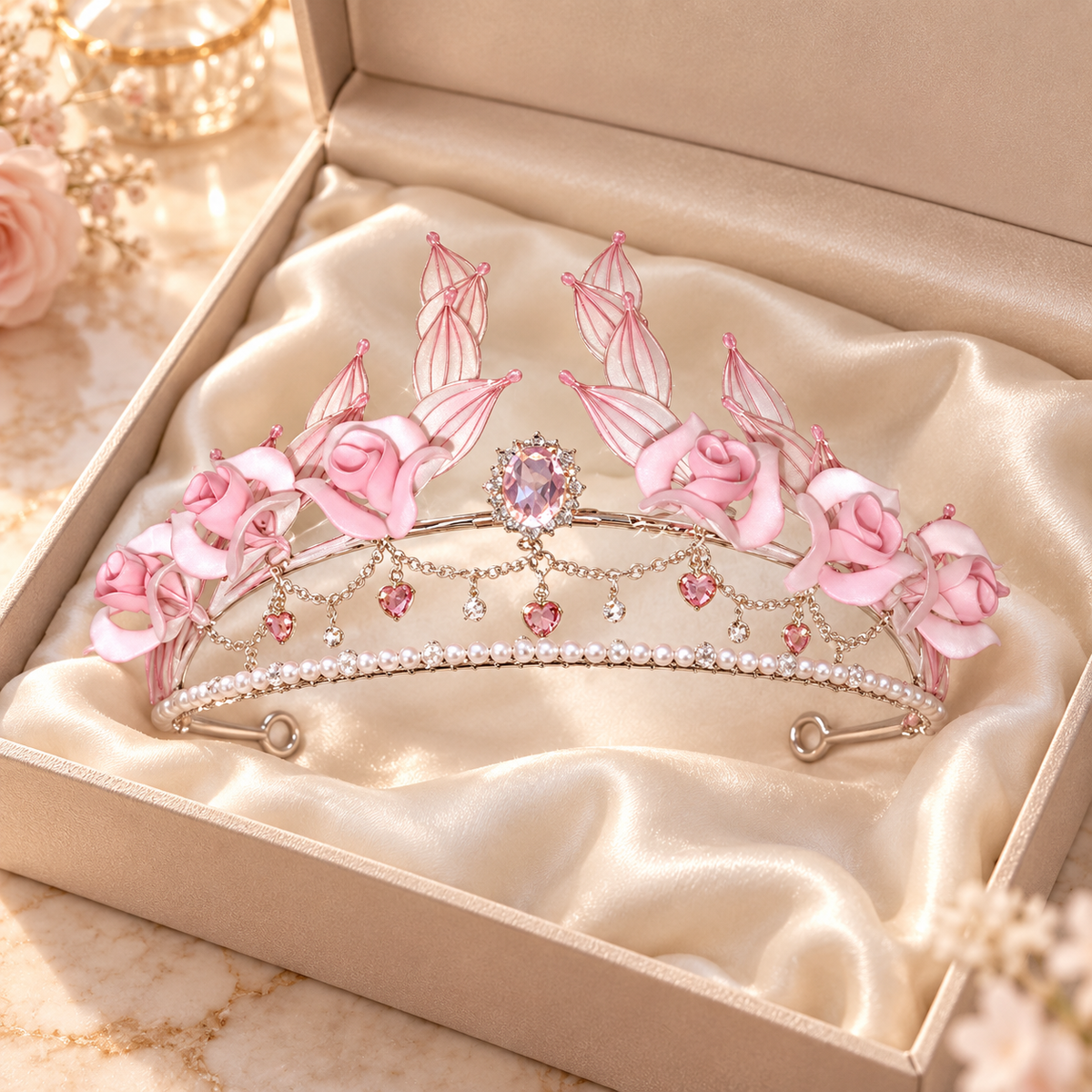 Pink Floral Princess Tiara, Pearl Crystal Crown Headband for Girls Women