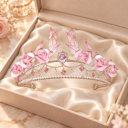 Pink Floral Princess Tiara, Pearl Crystal Crown Headband for Girls Women