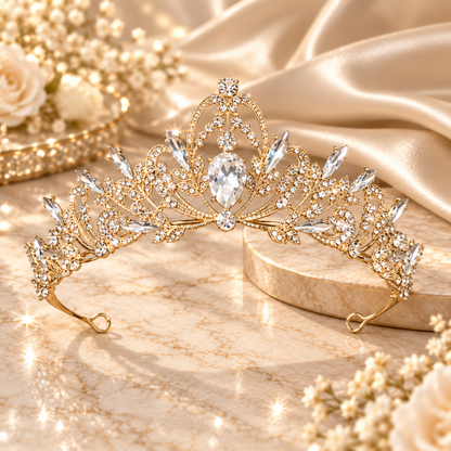 Gold Crystal Bridal Tiara, Rhinestone Princess Crown Headband