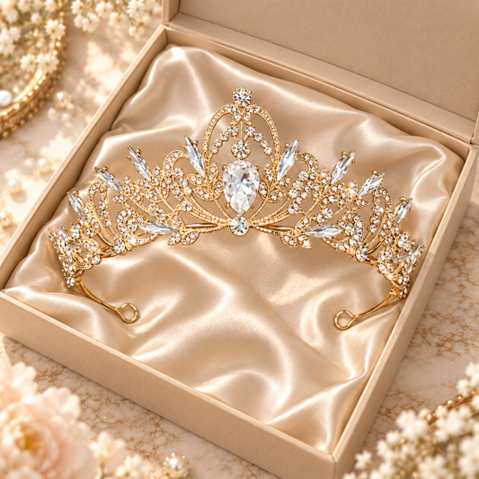 Gold Crystal Bridal Tiara, Rhinestone Princess Crown Headband