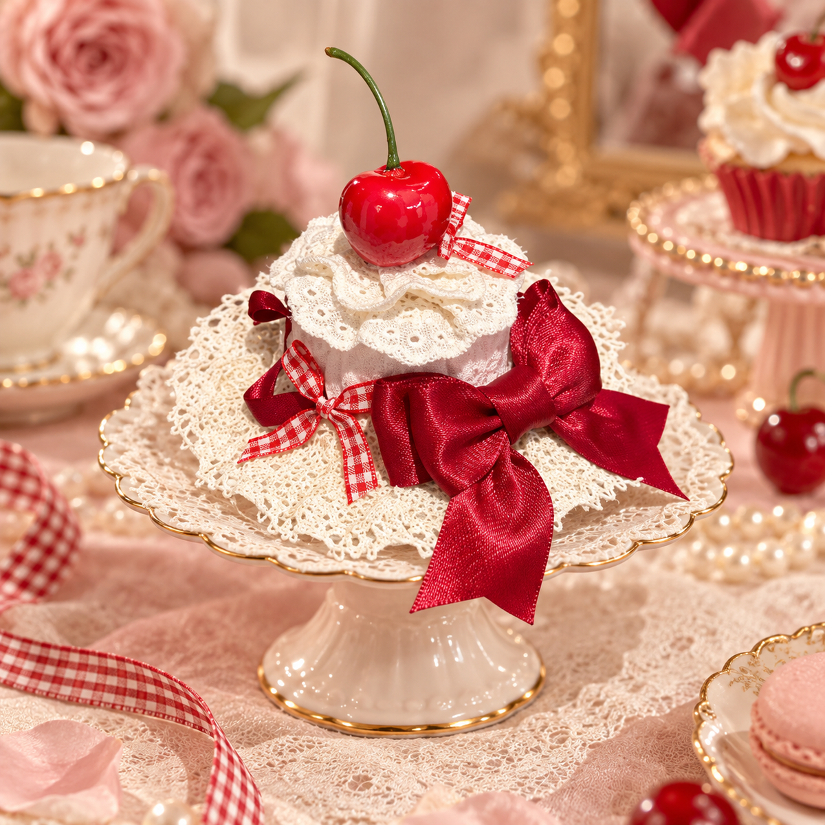 Cherry Mini Top Hat Hair Clip, Lace Lolita Hair Accessory for Women Girls