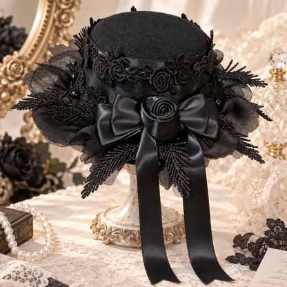 Black Gothic Mini Top Hat Hair Clip, Lace Rose Lolita Hair Accessory