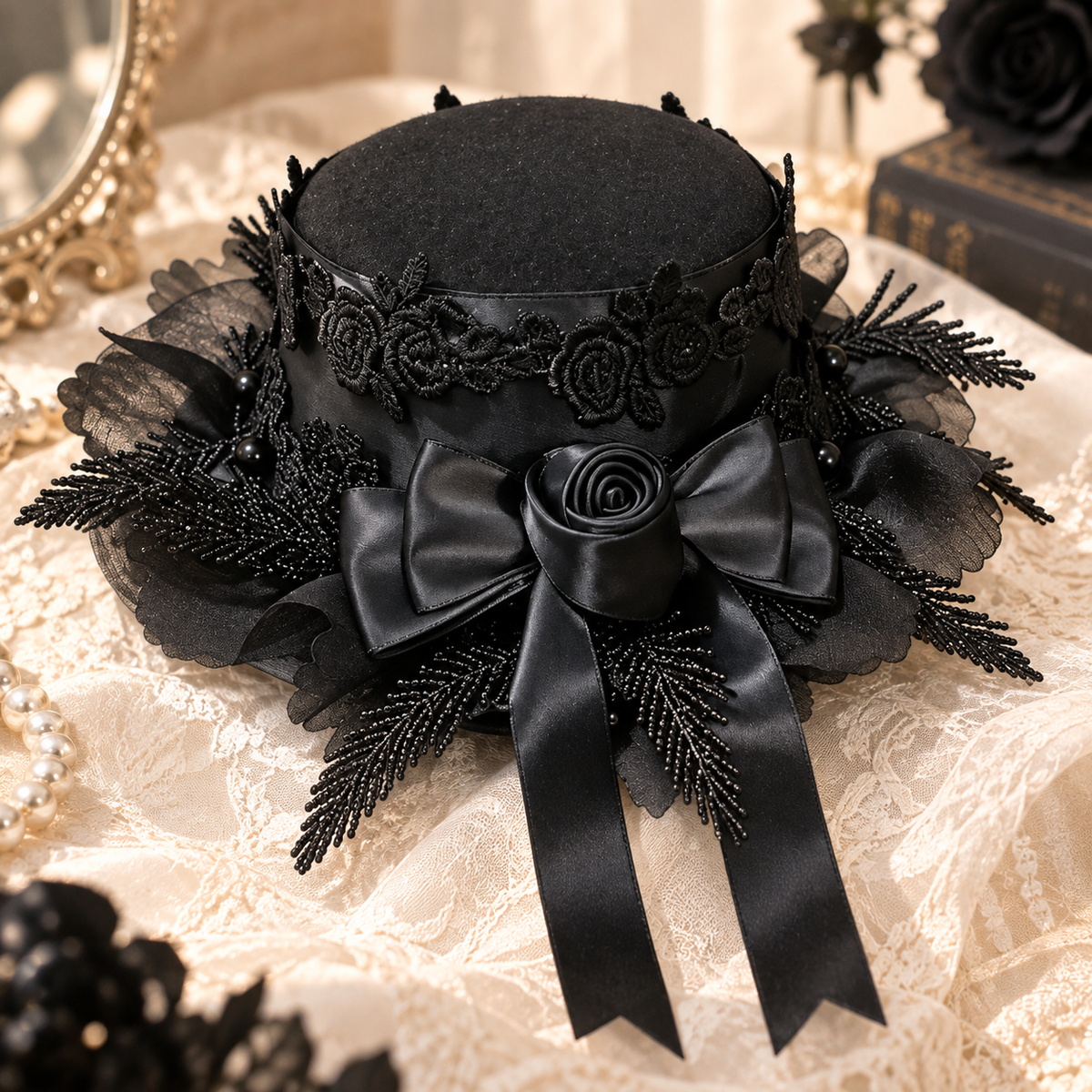 Black Gothic Mini Top Hat Hair Clip, Lace Rose Lolita Hair Accessory