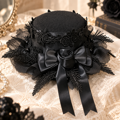 Black Gothic Mini Top Hat Hair Clip, Lace Rose Lolita Hair Accessory
