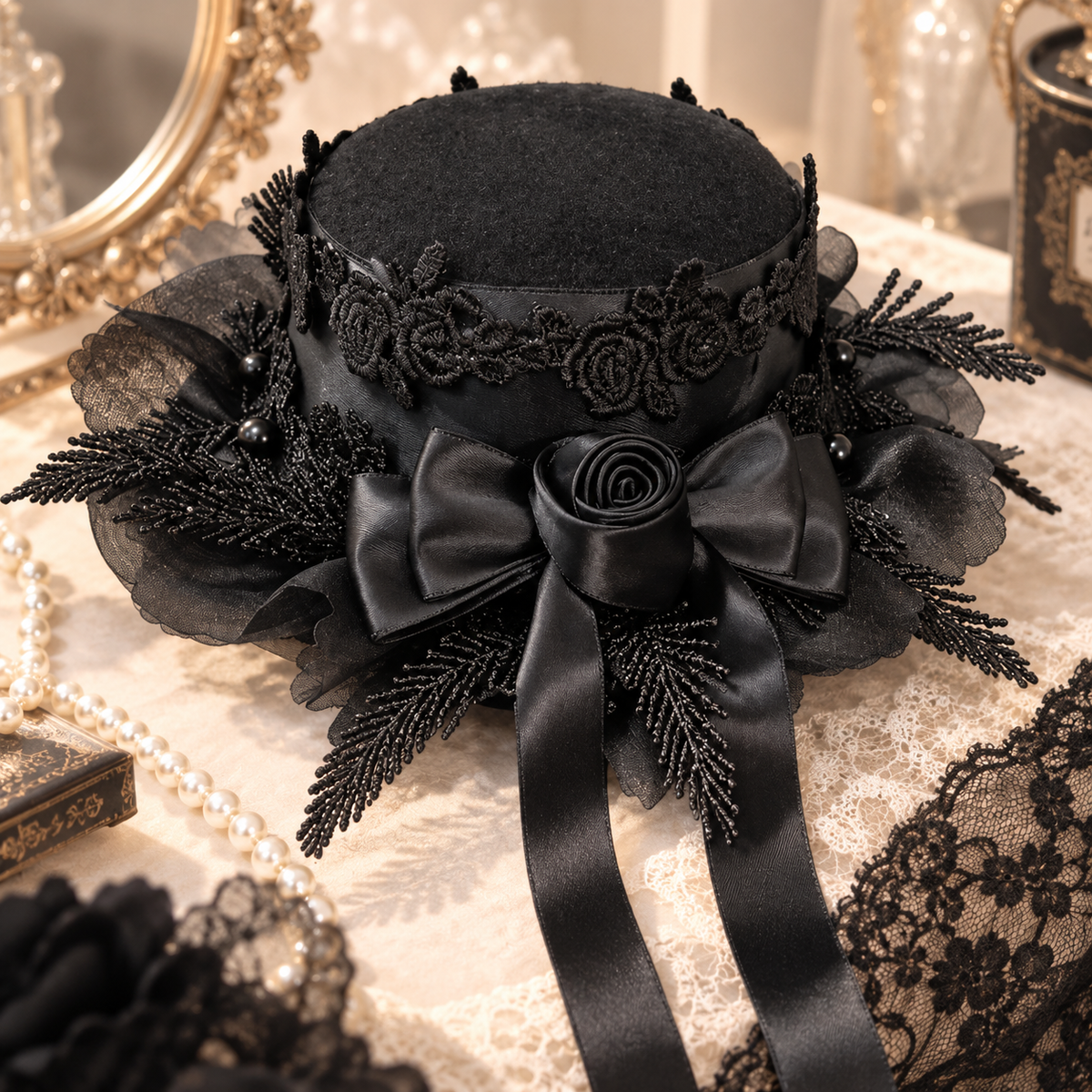 Black Gothic Mini Top Hat Hair Clip, Lace Rose Lolita Hair Accessory