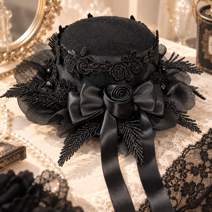 Black Gothic Mini Top Hat Hair Clip, Lace Rose Lolita Hair Accessory
