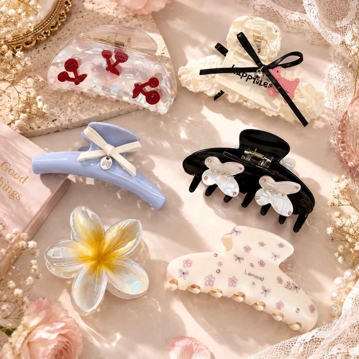6PCS Cute Hair Claw Clips Set, Acrylic Flower Butterfly Bow Clips for Women Girls