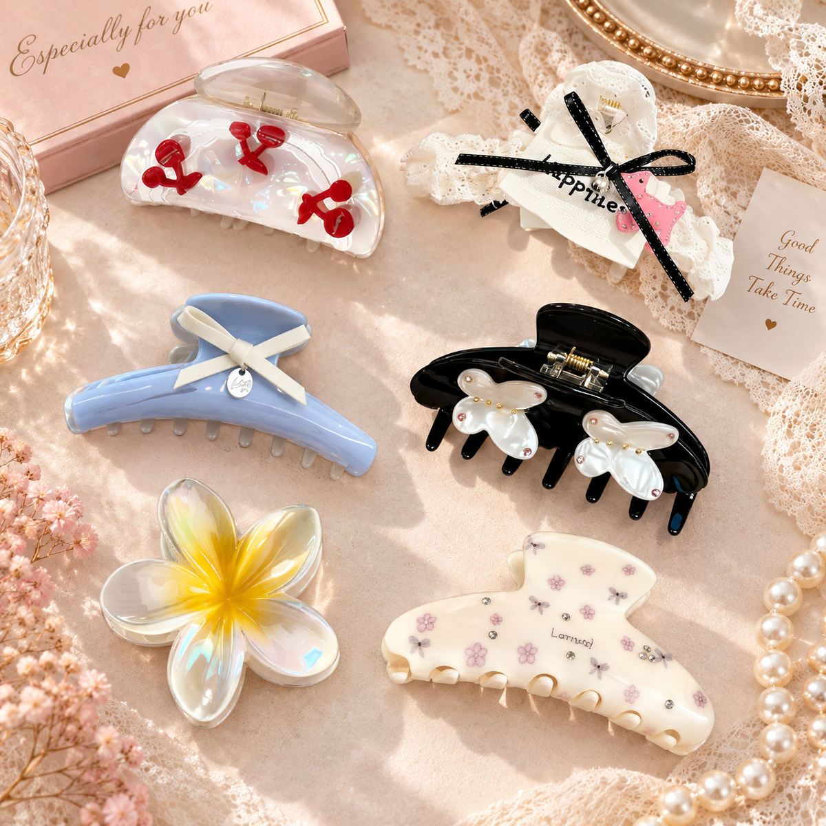 6PCS Cute Hair Claw Clips Set, Acrylic Flower Butterfly Bow Clips for Women Girls
