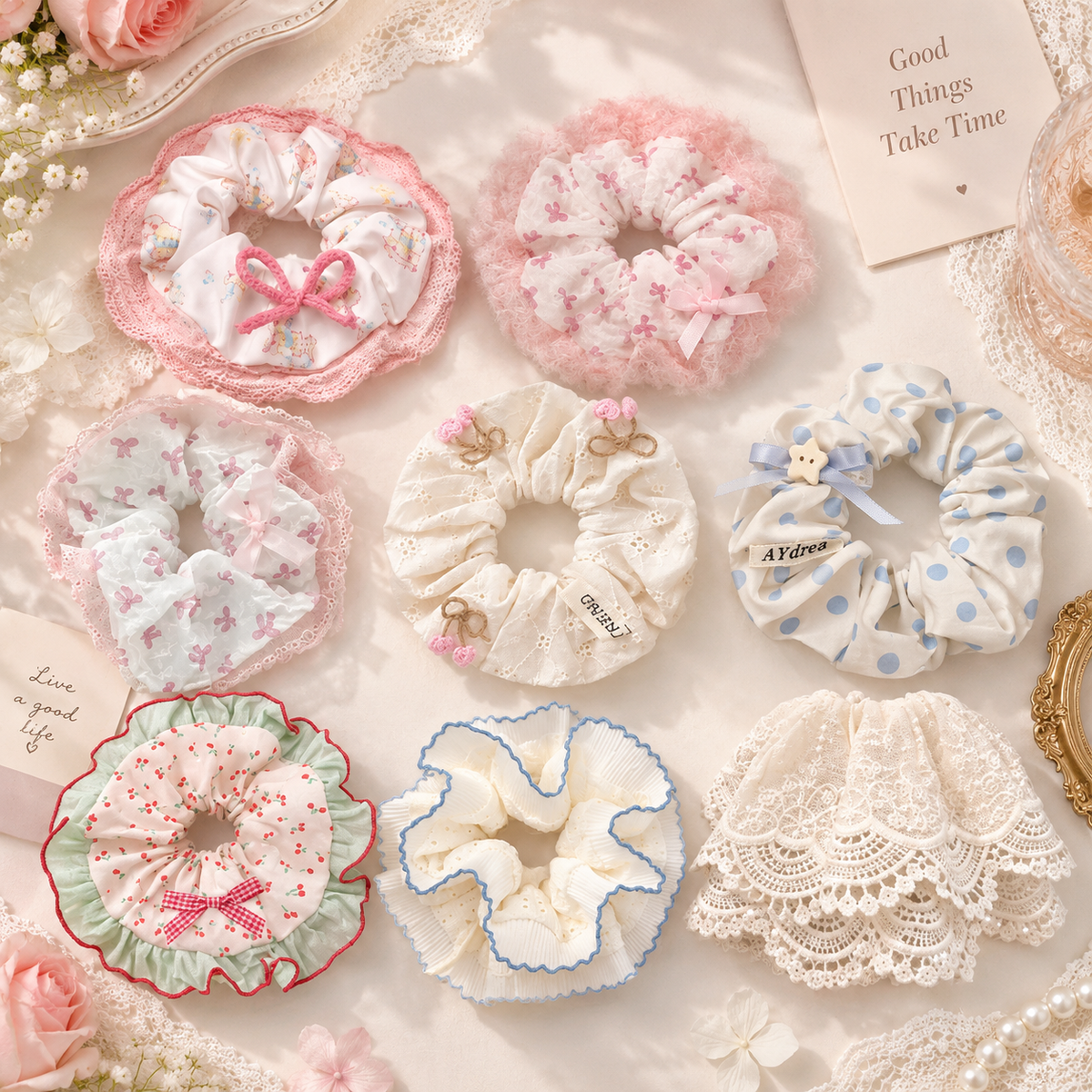 8 Pack Cute Lace Scrunchies, Floral Bow Hair Ties for Women & Girls