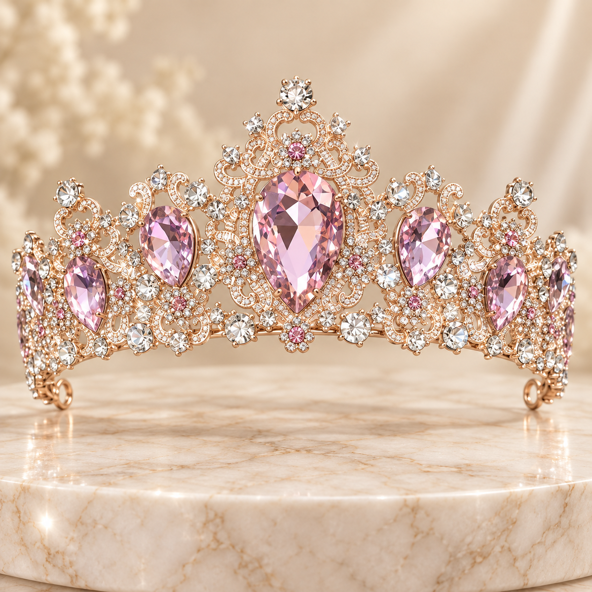 Pink Crystal Tiara Crown for Women, Rhinestone Princess Bridal Headpiece