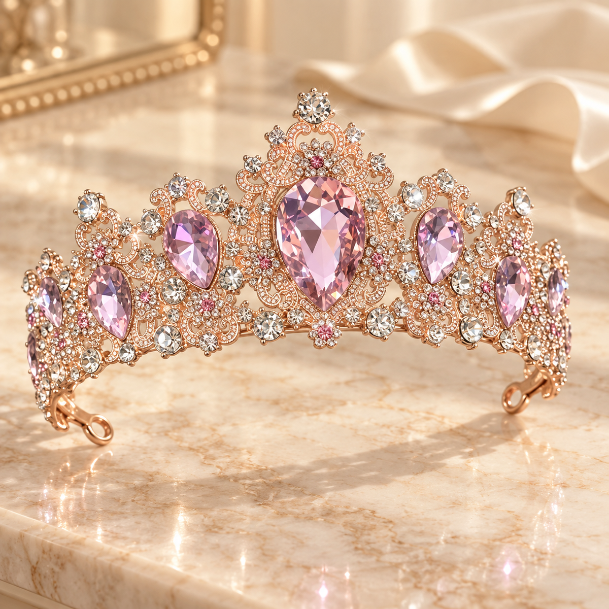 Pink Crystal Tiara Crown for Women, Rhinestone Princess Bridal Headpiece