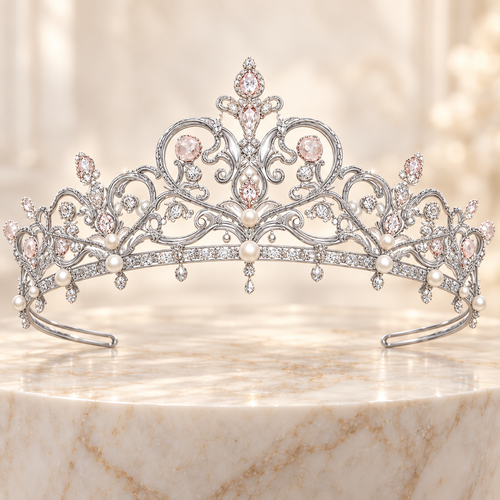 Silver Pearl Crystal Tiara Crown for Women, Rhinestone Bridal Princess Headpiece