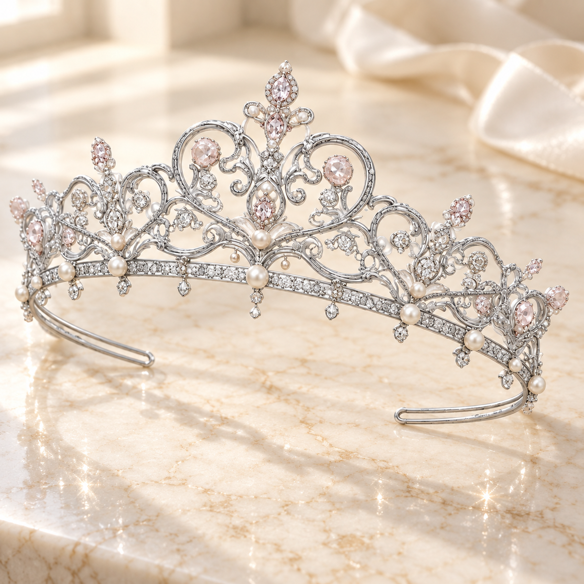 Silver Pearl Crystal Tiara Crown for Women, Rhinestone Bridal Princess Headpiece