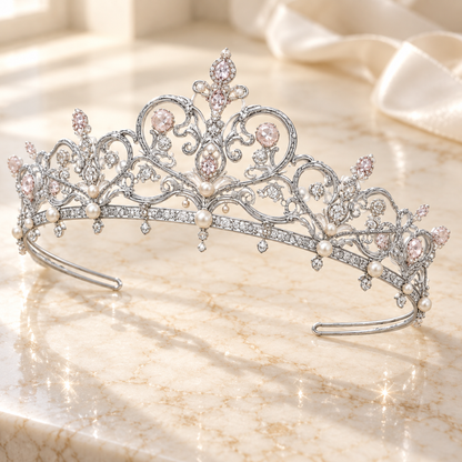 Silver Pearl Crystal Tiara Crown for Women, Rhinestone Bridal Princess Headpiece