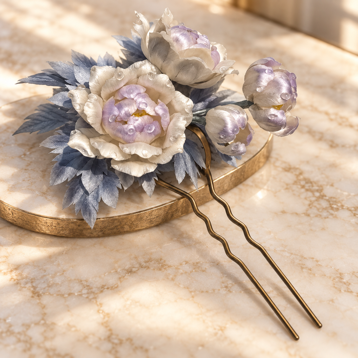 Ivory Lavender Floral Bridal Hair Pin, Pearl Wedding Hair Accessory