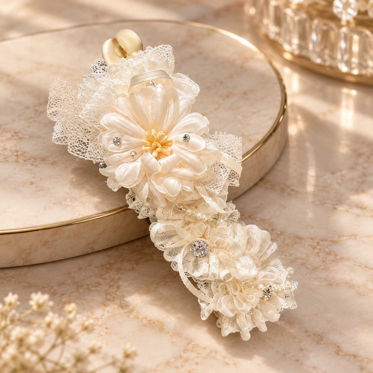 vory Lace Floral Hair Clip, Pearl Rhinestone Bridal Hair Barrette